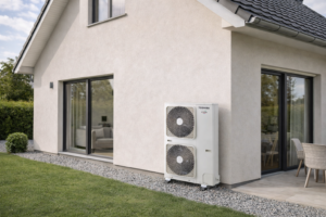 Venkovní jednotka tepelného čerpadla Toshiba instalovaná u rodinného domu.